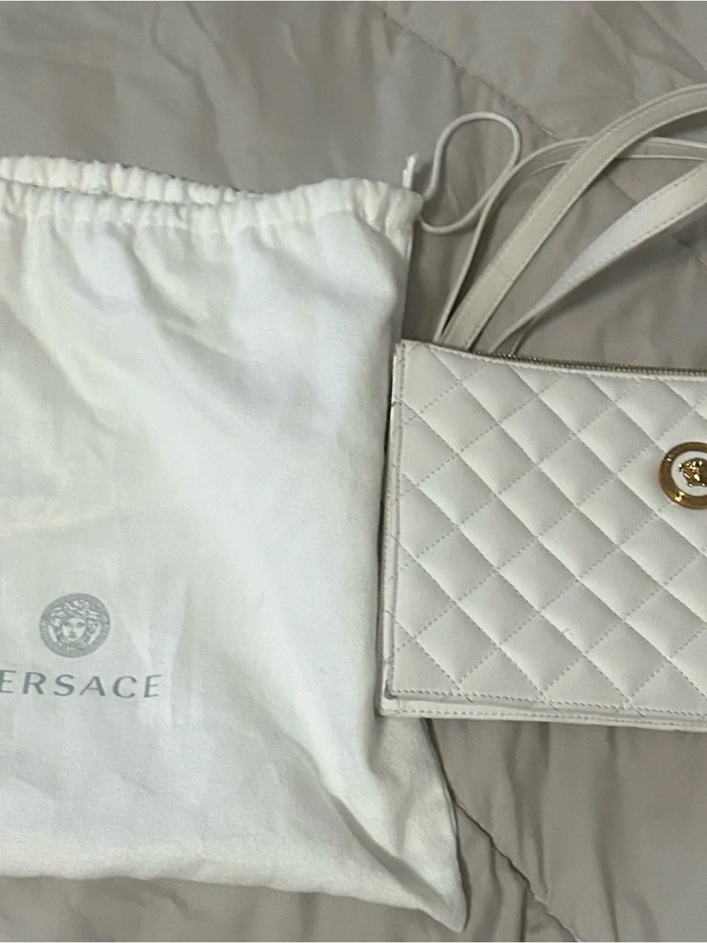 Versace White Quilted Leather Wristlet Clutch with Gold Medallion